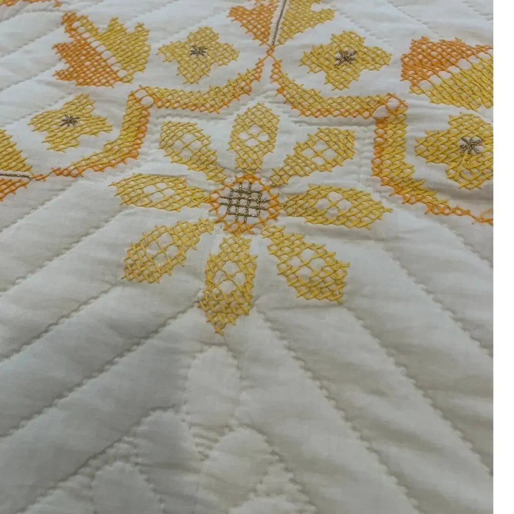 Quilt Queen Blanket Coverlet Vintage honey bee yellow floral Cross Stitched